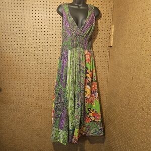 L Clothing Boho Paisley Mixed Print V-Neck Halter Gathered Waist Summer Dress Lg